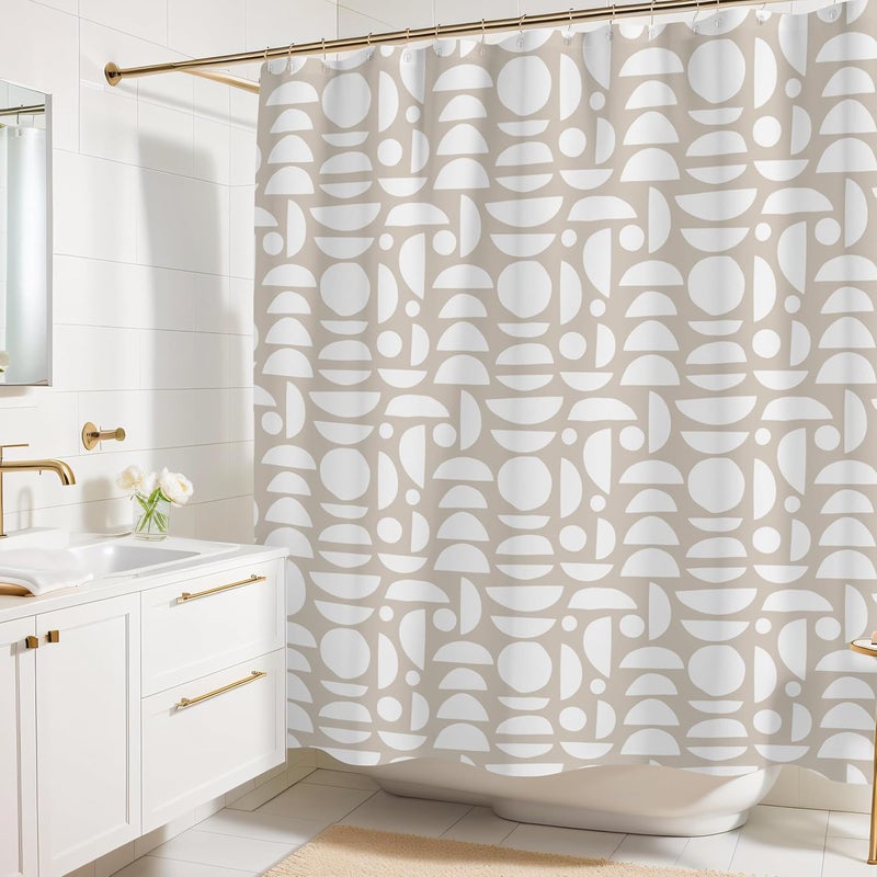 Worthwhile Goods Beige White Abstract Print Shower Curtain - Boho Pattern - Modern Minimalist Home Decor - Neutral Scandi Style Fabric Shower Curtain For Any Bathroom - 72x72 Inches (Neutral Half Circle) - Image 1